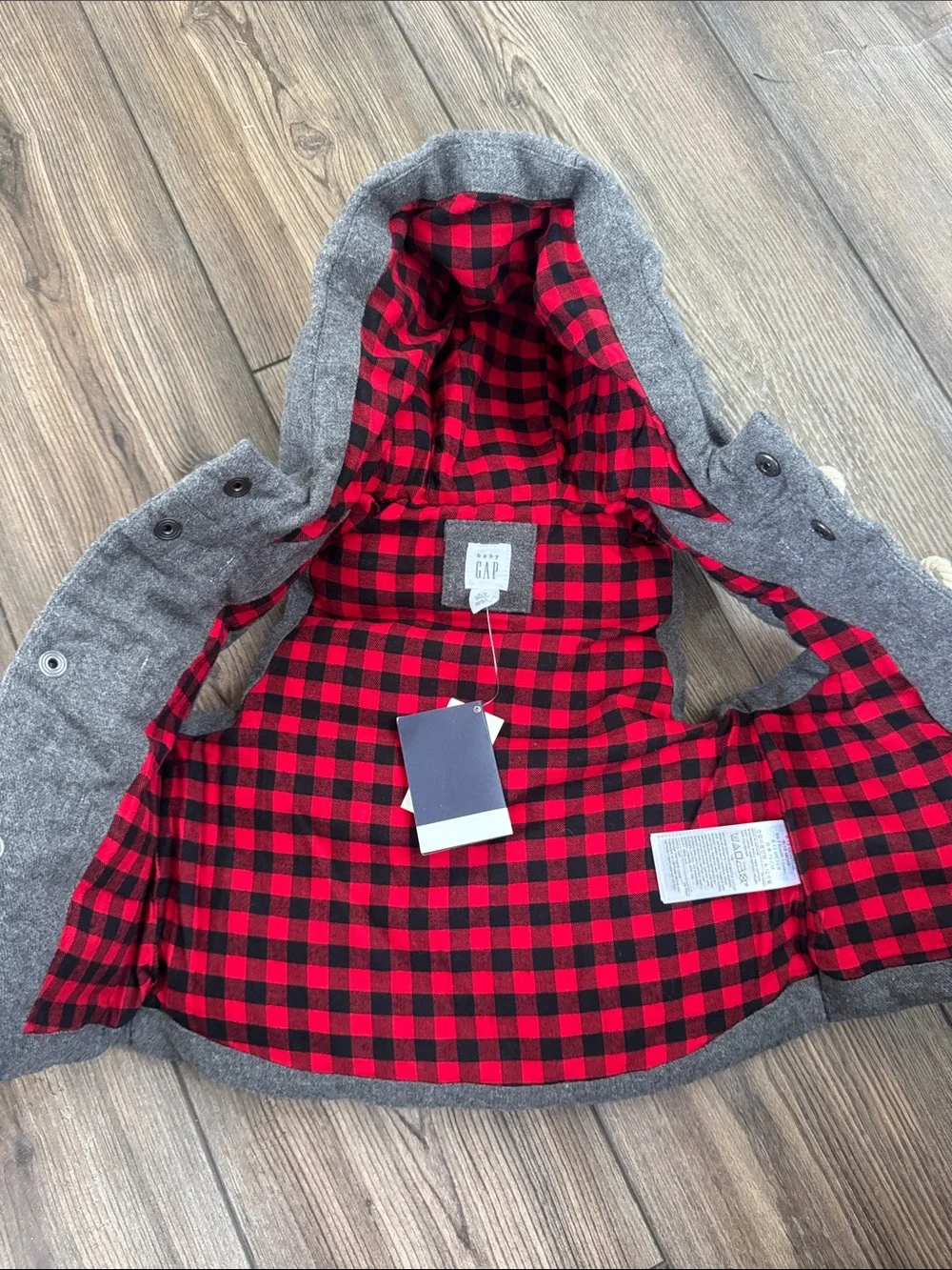GAP Kids Gray Hooded Puffer Vest with Red Plaid Lining